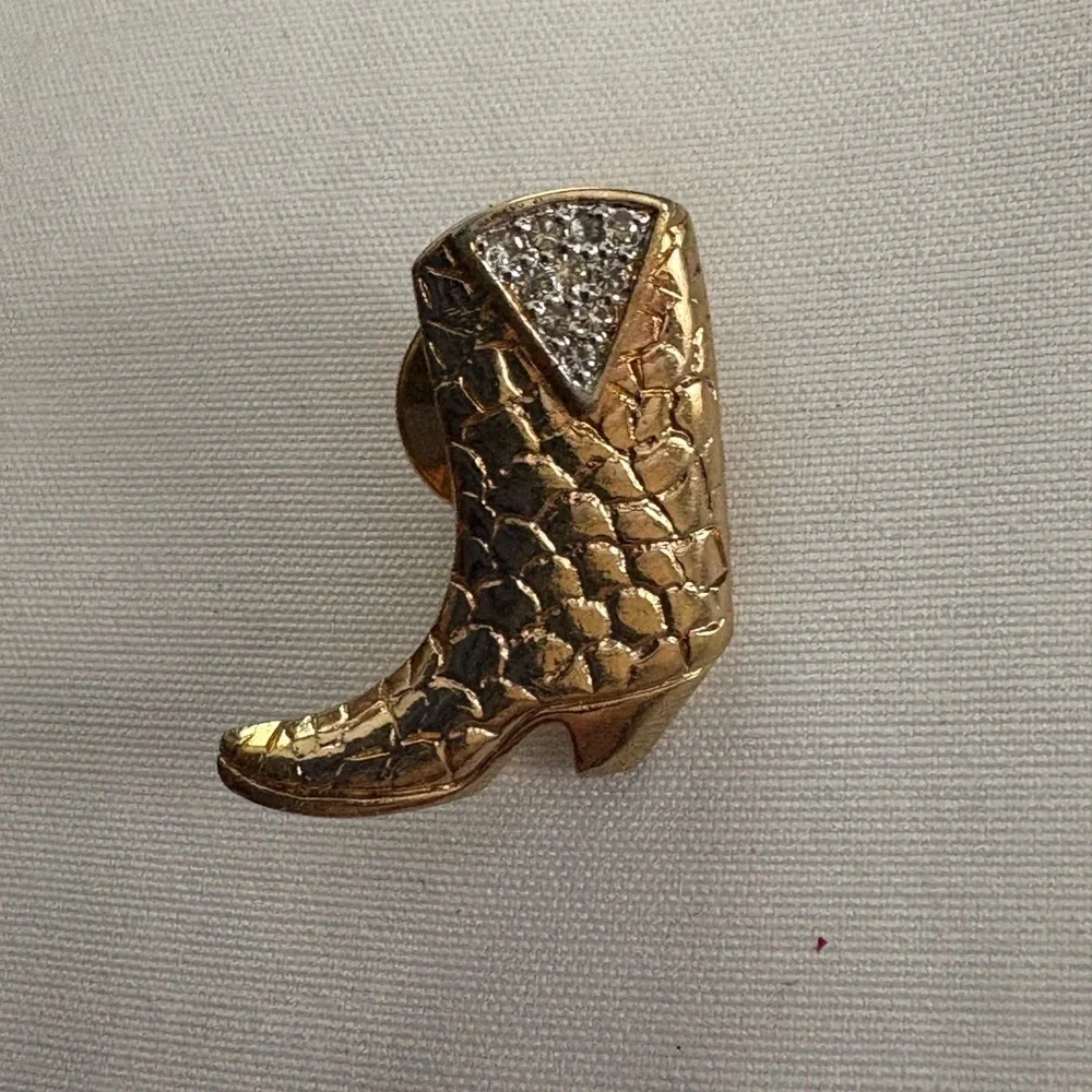 Vintage 80s Panetta Cowboy Boot Pin Gold Tone Crystal Tie Tack Jewelry Western